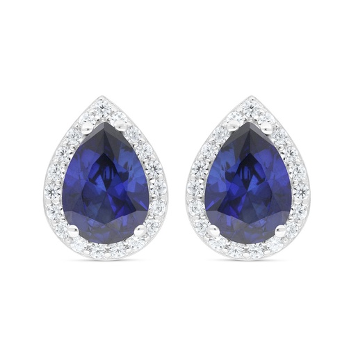 [EAR01SAP00WCZC435] Sterling Silver 925 Earring Rhodium Plated Embedded With Sapphire Corundum And White Zircon