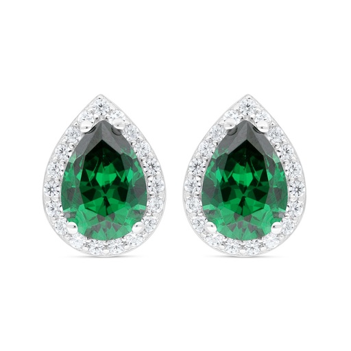 [EAR01EMR00WCZC435] Sterling Silver 925 Earring Rhodium Plated Embedded With Emerald Zircon And White Zircon