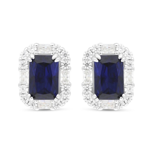 [EAR01SAP00WCZC436] Sterling Silver 925 Earring Rhodium Plated Embedded With Sapphire Corundum And White Zircon