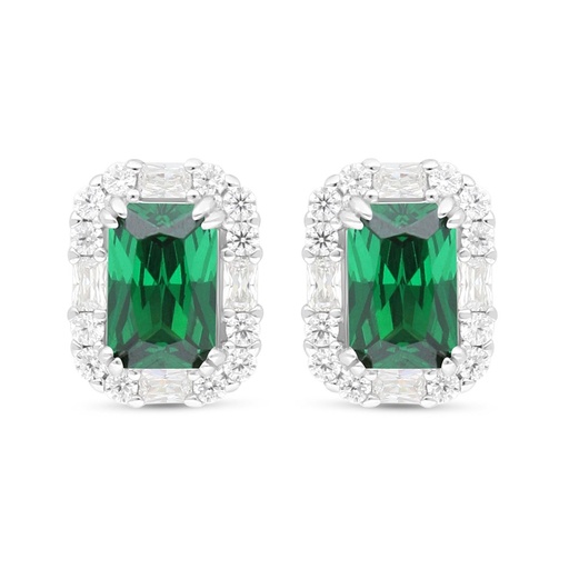 [EAR01EMR00WCZC436] Sterling Silver 925 Earring Rhodium Plated Embedded With Emerald Zircon And White Zircon