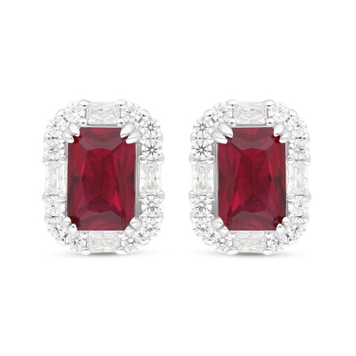 [EAR01RUB00WCZC436] Sterling Silver 925 Earring Rhodium Plated Embedded With Ruby Corundum And White Zircon