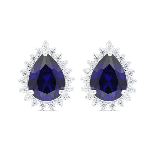 [EAR01SAP00WCZC437] Sterling Silver 925 Earring Rhodium Plated Embedded With Sapphire Corundum And White Zircon