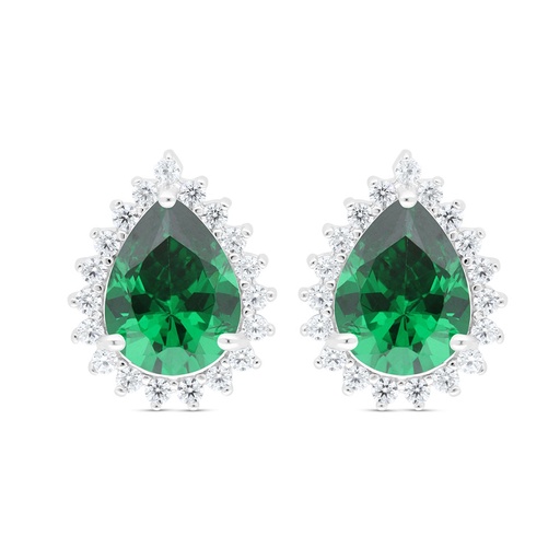 [EAR01EMR00WCZC437] Sterling Silver 925 Earring Rhodium Plated Embedded With Emerald Zircon And White Zircon