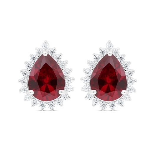 [EAR01RUB00WCZC437] Sterling Silver 925 Earring Rhodium Plated Embedded With Ruby Corundum And White Zircon