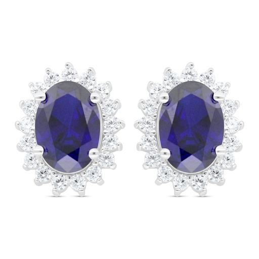 [EAR01SAP00WCZC439] Sterling Silver 925 Earring Rhodium Plated Embedded With Sapphire Corundum And White Zircon