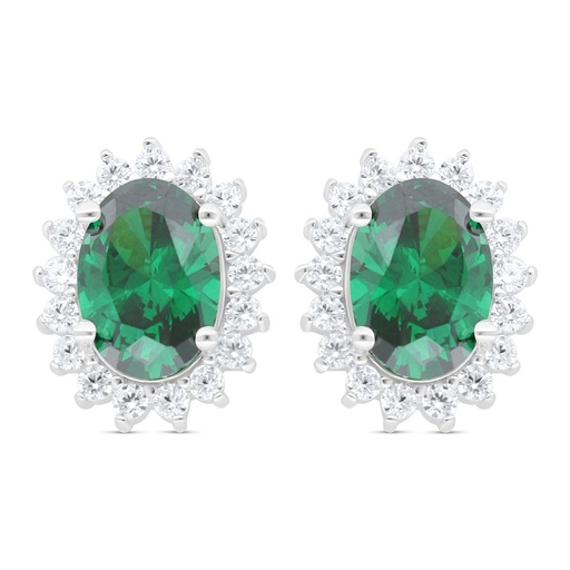 [EAR01EMR00WCZC439] Sterling Silver 925 Earring Rhodium Plated Embedded With Emerald Zircon And White Zircon