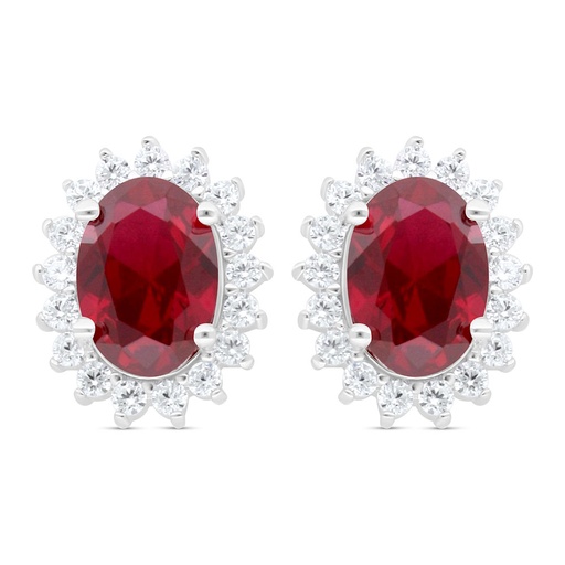 [EAR01RUB00WCZC439] Sterling Silver 925 Earring Rhodium Plated Embedded With Ruby Corundum And White Zircon