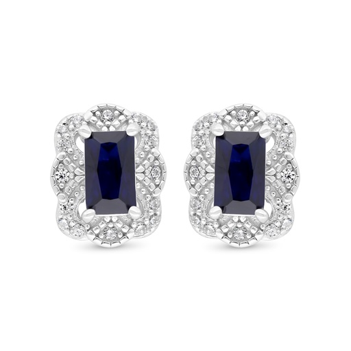 [EAR01SAP00WCZC444] Sterling Silver 925 Earring Rhodium Plated Embedded With Sapphire Corundum And White Zircon