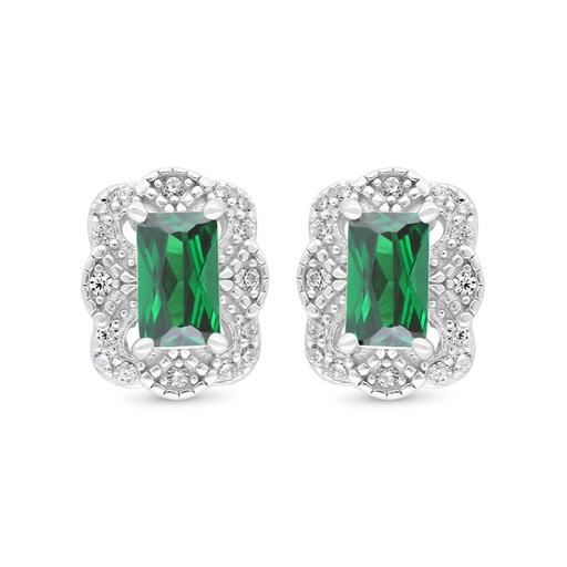 [EAR01EMR00WCZC444] Sterling Silver 925 Earring Rhodium Plated Embedded With Emerald Zircon And White Zircon