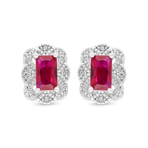 [EAR01RUB00WCZC444] Sterling Silver 925 Earring Rhodium Plated Embedded With Ruby Corundum And White Zircon