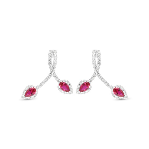 [EAR01RUB00WCZC445] Sterling Silver 925 Earring Rhodium Plated Embedded With Ruby Corundum And White Zircon