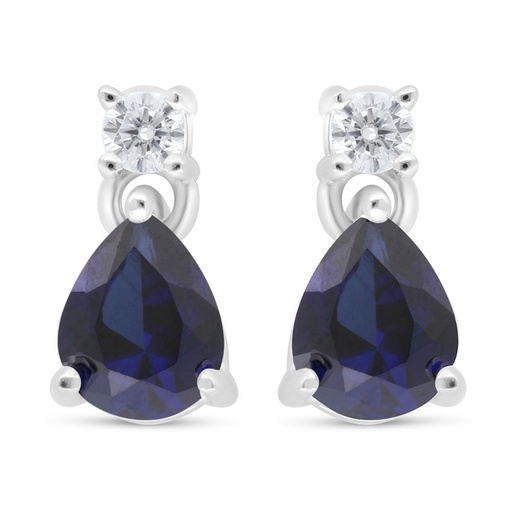 [EAR01SAP00WCZC446] Sterling Silver 925 Earring Rhodium Plated Embedded With Sapphire Corundum And White Zircon
