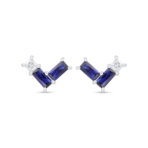 [EAR01SAP00WCZC447] Sterling Silver 925 Earring Rhodium Plated Embedded With Sapphire Corundum And White Zircon