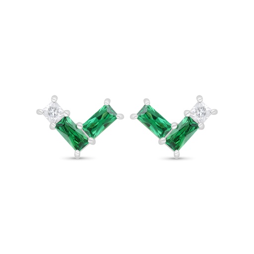 [EAR01EMR00WCZC447] Sterling Silver 925 Earring Rhodium Plated Embedded With Emerald Zircon And White Zircon