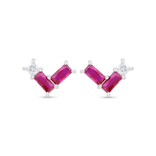 [EAR01RUB00WCZC447] Sterling Silver 925 Earring Rhodium Plated Embedded With Ruby Corundum And White Zircon