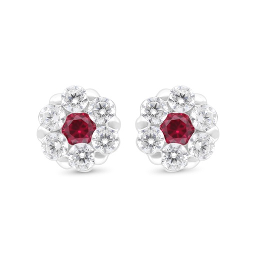 [EAR01RUB00WCZC448] Sterling Silver 925 Earring Rhodium Plated Embedded With Ruby Corundum And White Zircon