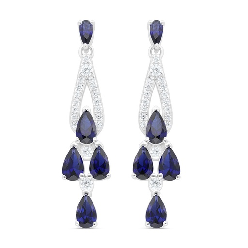 [EAR01SAP00WCZC450] Sterling Silver 925 Earring Rhodium Plated Embedded With Sapphire Corundum And White Zircon