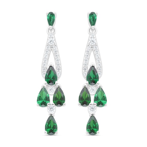 [EAR01EMR00WCZC450] Sterling Silver 925 Earring Rhodium Plated Embedded With Emerald Zircon And White Zircon