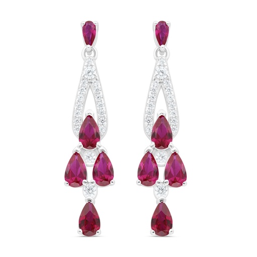 [EAR01RUB00WCZC450] Sterling Silver 925 Earring Rhodium Plated Embedded With Ruby Corundum And White Zircon