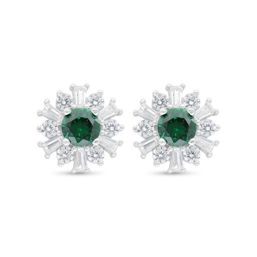 [EAR01EMR00WCZC451] Sterling Silver 925 Earring Rhodium Plated Embedded With Emerald Zircon And White Zircon