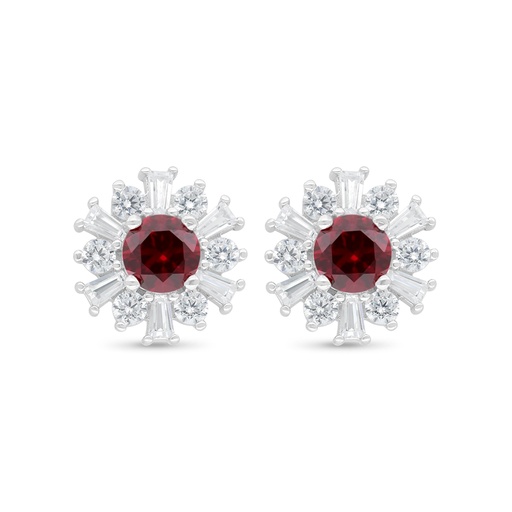 [EAR01RUB00WCZC451] Sterling Silver 925 Earring Rhodium Plated Embedded With Ruby Corundum And White Zircon