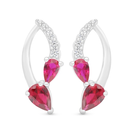 [EAR01RUB00WCZC471] Sterling Silver 925 Earring Rhodium Plated Embedded With Ruby Corundum And White Zircon