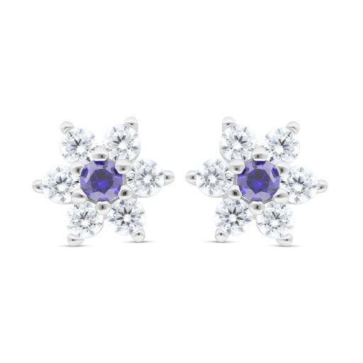 [EAR01SAP00WCZC473] Sterling Silver 925 Earring Rhodium Plated Embedded With Sapphire Corundum And White Zircon