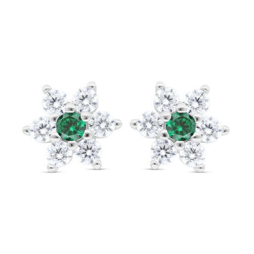 [EAR01EMR00WCZC473] Sterling Silver 925 Earring Rhodium Plated Embedded With Emerald Zircon And White Zircon