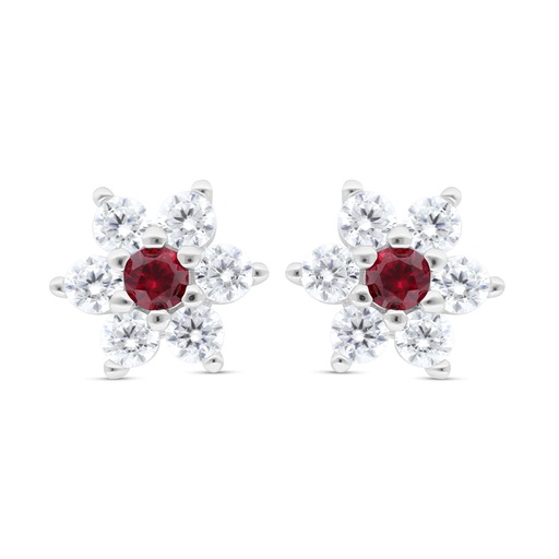 [EAR01RUB00WCZC473] Sterling Silver 925 Earring Rhodium Plated Embedded With Ruby Corundum And White Zircon