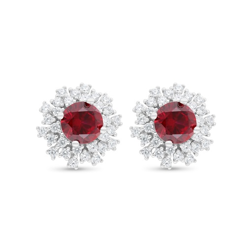 [EAR01RUB00WCZC475] Sterling Silver 925 Earring Rhodium Plated Embedded With Ruby Corundum And White Zircon