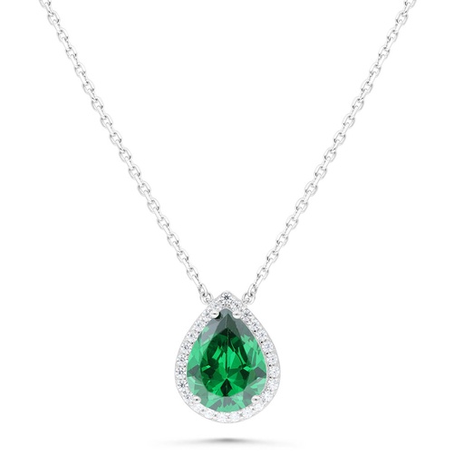 [NCL01EMR00WCZB477] Sterling Silver 925 Necklace Rhodium Plated Embedded With Emerald Zircon And White Zircon