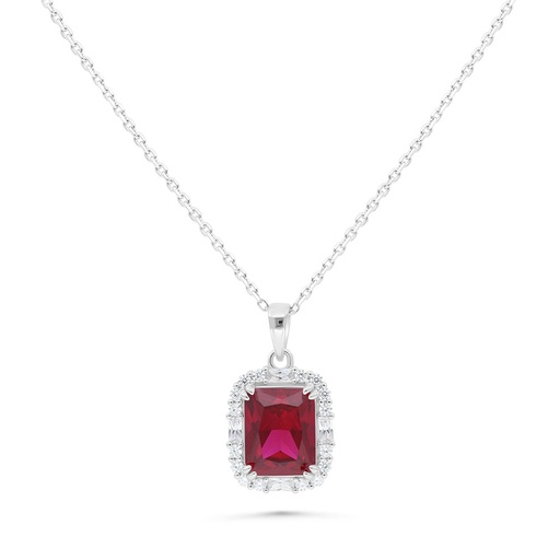 [NCL01RUB00WCZB478] Sterling Silver 925 Necklace Rhodium Plated Embedded With Ruby Corundum And White Zircon