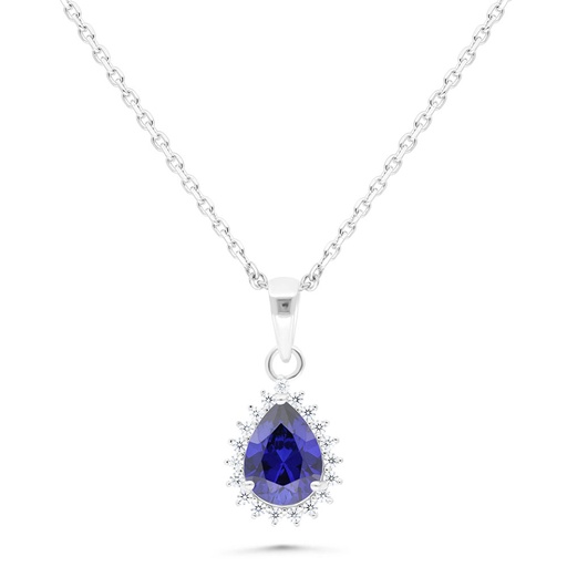 [NCL01SAP00WCZB479] Sterling Silver 925 Necklace Rhodium Plated Embedded With Sapphire Corundum And White Zircon