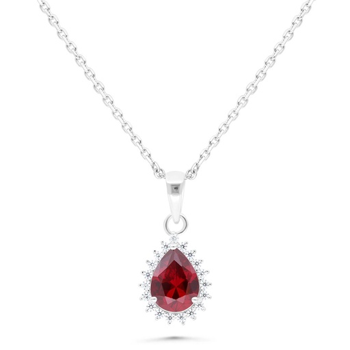 [NCL01RUB00WCZB479] Sterling Silver 925 Necklace Rhodium Plated Embedded With Ruby Corundum And White Zircon