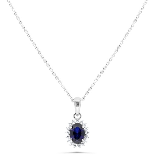 [NCL01SAP00WCZB481] Sterling Silver 925 Necklace Rhodium Plated Embedded With Sapphire Corundum And White Zircon