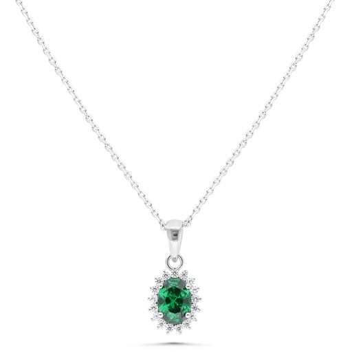 [NCL01EMR00WCZB481] Sterling Silver 925 Necklace Rhodium Plated Embedded With Emerald Zircon And White Zircon