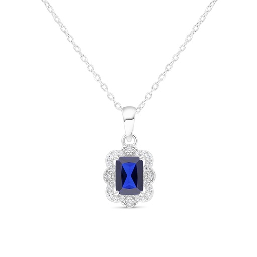 [NCL01SAP00WCZB487] Sterling Silver 925 Necklace Rhodium Plated Embedded With Sapphire Corundum And White Zircon