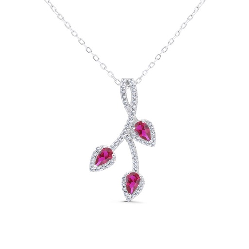 [NCL01RUB00WCZB488] Sterling Silver 925 Necklace Rhodium Plated Embedded With Ruby Corundum And White Zircon
