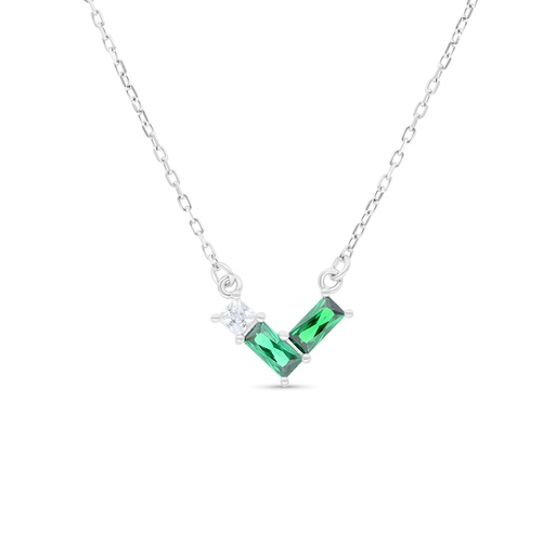 [NCL01EMR00WCZB489] Sterling Silver 925 Necklace Rhodium Plated Embedded With Emerald Zircon And White Zircon