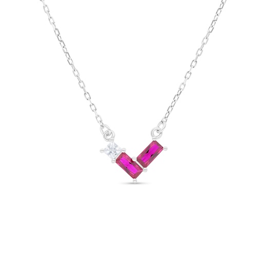 [NCL01RUB00WCZB489] Sterling Silver 925 Necklace Rhodium Plated Embedded With Ruby Corundum And White Zircon