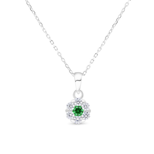 [NCL01EMR00WCZB490] Sterling Silver 925 Necklace Rhodium Plated Embedded With Emerald Zircon And White Zircon