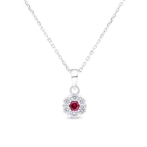 [NCL01RUB00WCZB490] Sterling Silver 925 Necklace Rhodium Plated Embedded With Ruby Corundum And White Zircon