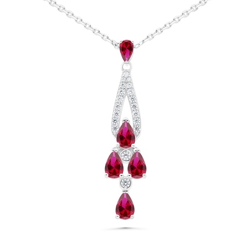 [NCL01RUB00WCZB493] Sterling Silver 925 Necklace Rhodium Plated Embedded With Ruby Corundum And White Zircon