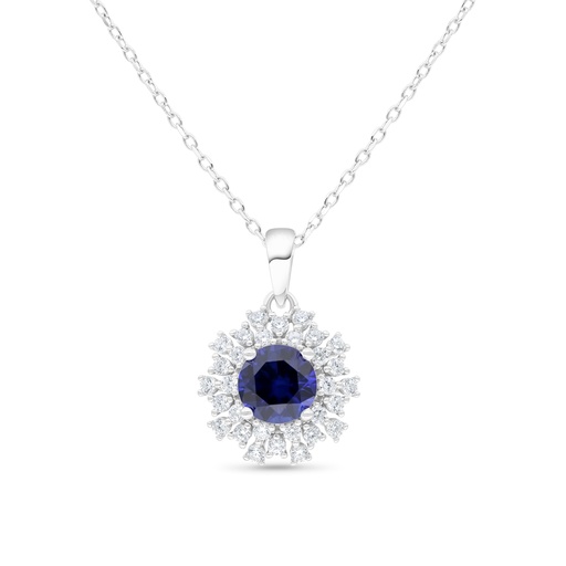 [NCL01SAP00WCZB494] Sterling Silver 925 Necklace Rhodium Plated Embedded With Sapphire Corundum And White Zircon