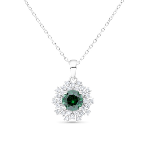 [NCL01EMR00WCZB494] Sterling Silver 925 Necklace Rhodium Plated Embedded With Emerald Zircon And White Zircon