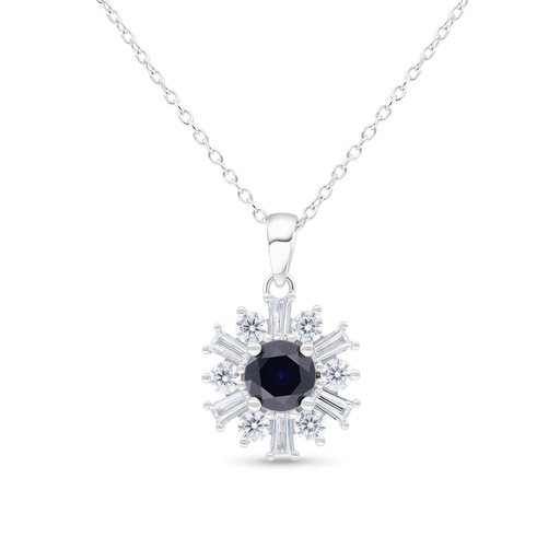 [NCL01SAP00WCZB495] Sterling Silver 925 Necklace Rhodium Plated Embedded With Sapphire Corundum And White Zircon