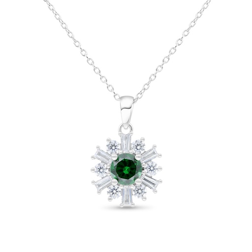 [NCL01EMR00WCZB495] Sterling Silver 925 Necklace Rhodium Plated Embedded With Emerald Zircon And White Zircon