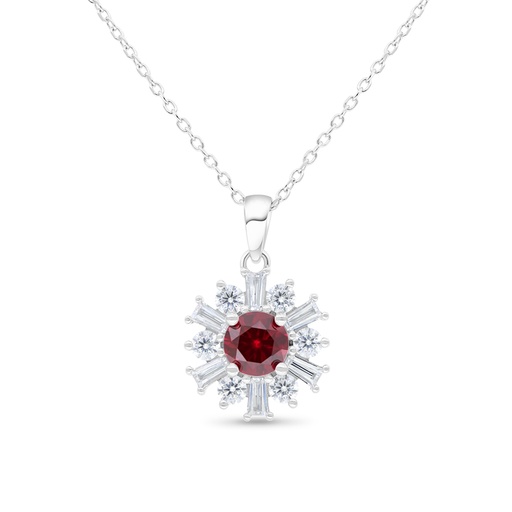 [NCL01RUB00WCZB495] Sterling Silver 925 Necklace Rhodium Plated Embedded With Ruby Corundum And White Zircon