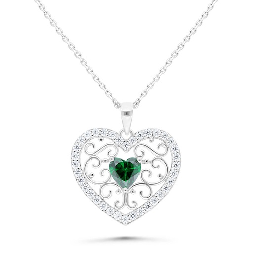 [NCL01EMR00WCZB496] Sterling Silver 925 Necklace Rhodium Plated Embedded With Emerald Zircon And White Zircon