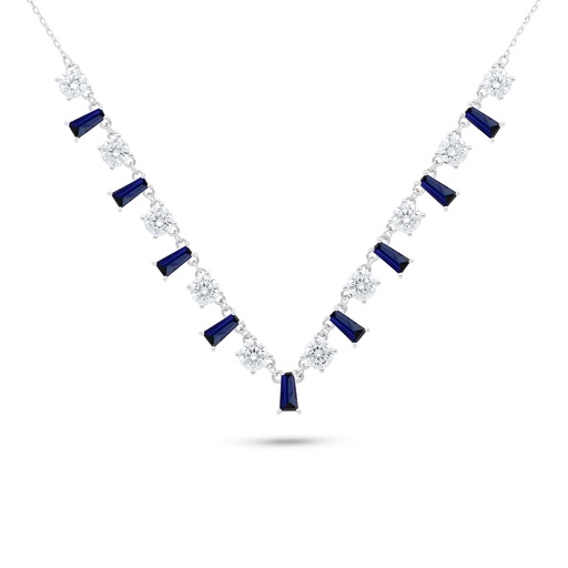[NCL01SAP00WCZB498] Sterling Silver 925 Necklace Rhodium Plated Embedded With Sapphire Corundum And White Zircon